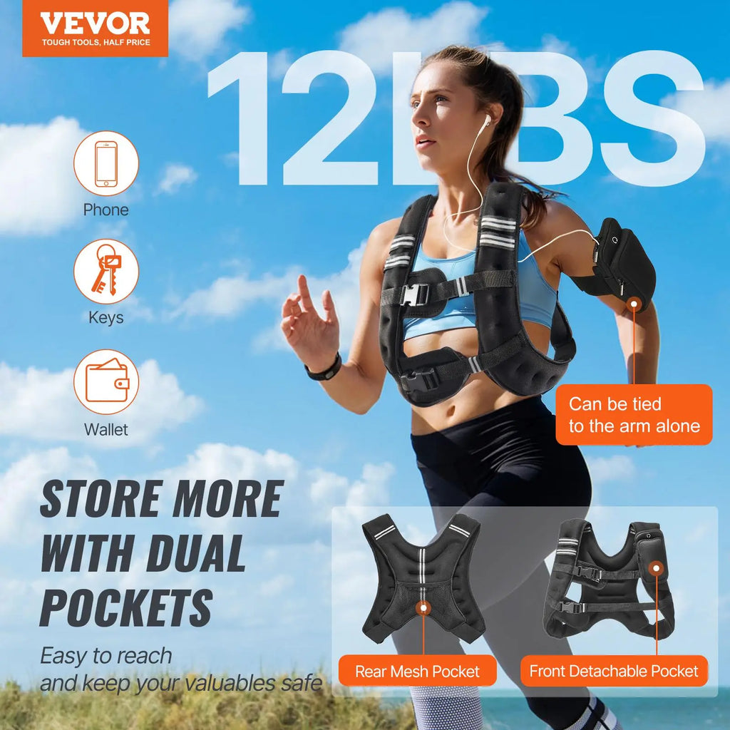 【Dealsforyoudays】Vevor Weighted Vest, 12 Lbs Weight Vest with Reflective Stripe, Adjustable Buckle Body Weight Vest for Men Women, Workout Equipment for Strength Training, Running, Jogging, Fitness, and Weight Loss